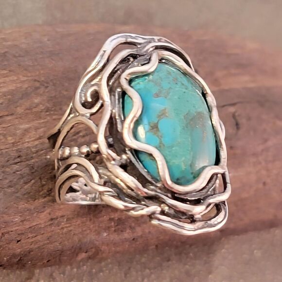 Shablool Didae Turquoise Sterling Waves Bead Filigree Ring - Picture 2 of 9